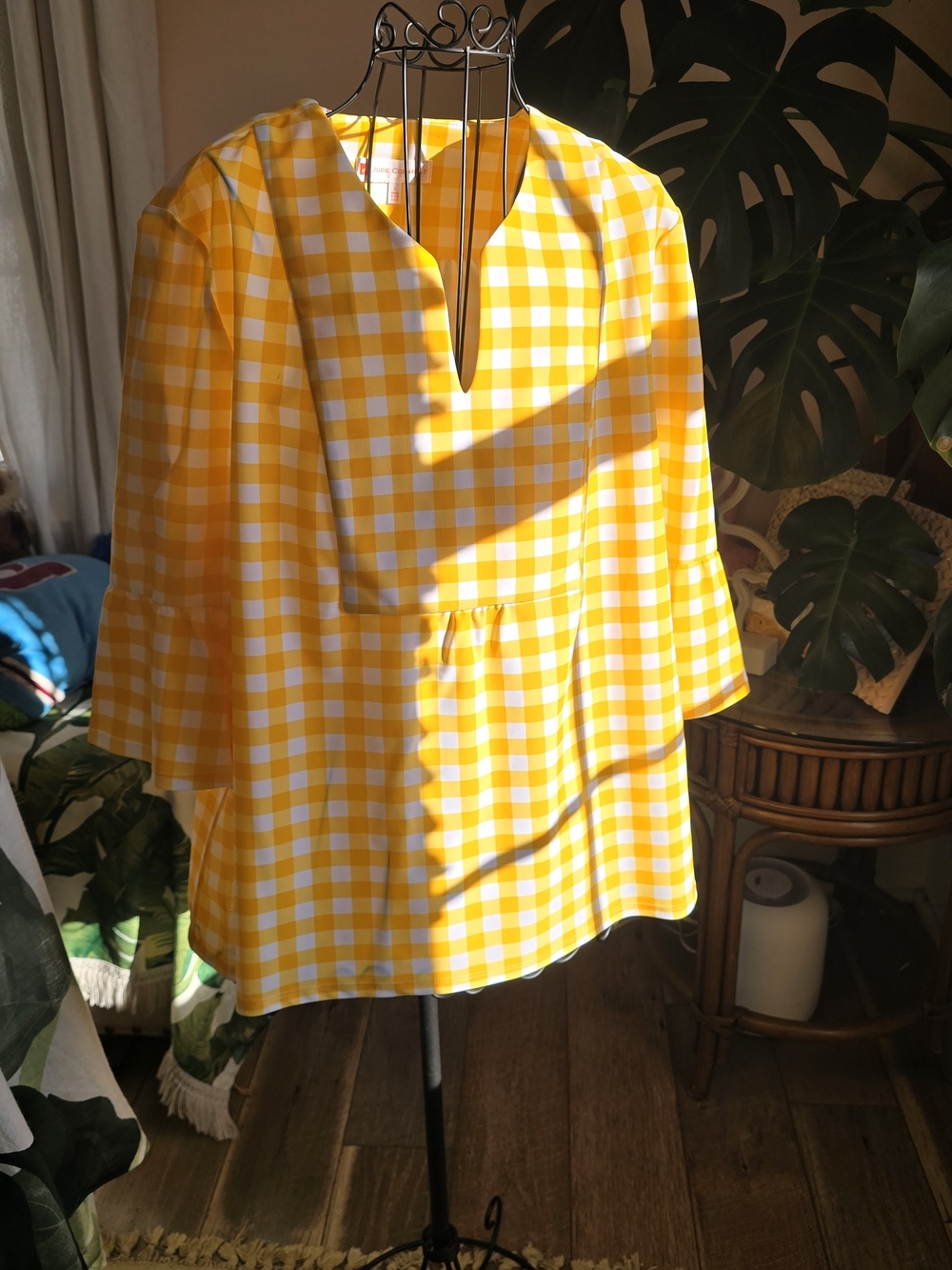 Jude Connally Yellow Gingham Split Neck Tunic Top NWT Size Large